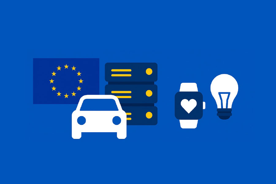 Illustratie van slimme apparaten en data-uitwisseling binnen de Europese Data Act